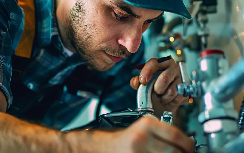 a professional plumber fixing a leaky faucet with tools nearby.