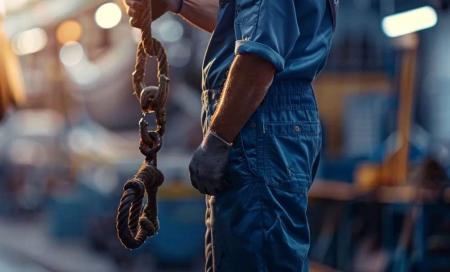 a plumber in a professional business uniform checking his service equipment tied to an anchor.