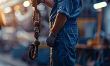 a plumber in a professional business uniform checking his service equipment tied to an anchor.