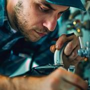 a professional plumber fixing a leaky faucet with tools nearby.