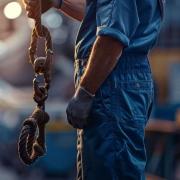 a plumber in a professional business uniform checking his service equipment tied to an anchor.