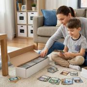 kid playing with trading cards